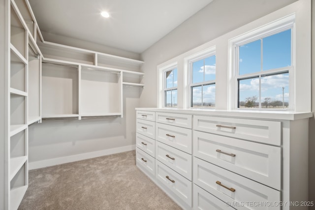 spacious closet featuring light carpet