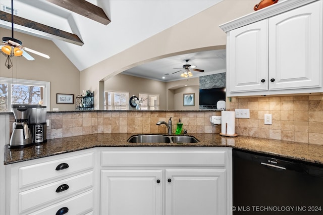 kitchen featuring white cabinetry, backsplash, dishwasher, ceiling fan, and sink