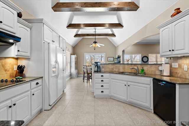 kitchen with ceiling fan, white cabinets, sink, backsplash, and black appliances