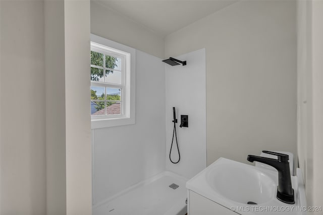 bathroom with a shower and vanity