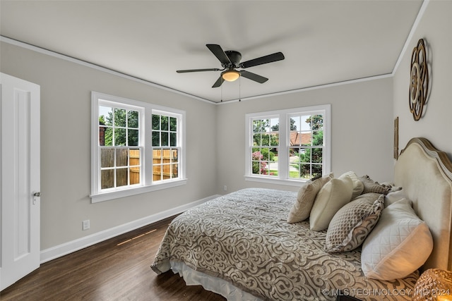 bedroom featuring ceiling fan, crown molding, and dark hardwood / wood-style flooring