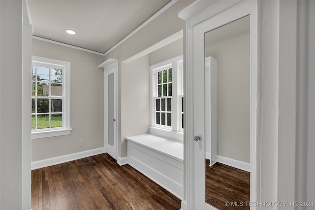 interior space with ornamental molding and dark hardwood / wood-style floors