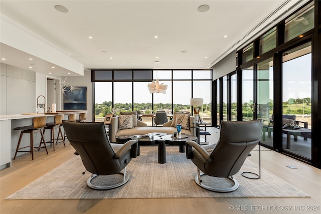 living room with expansive windows, light hardwood / wood-style flooring, plenty of natural light, and sink