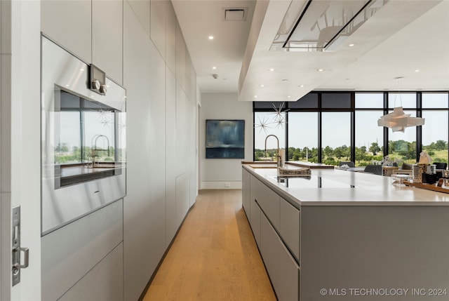 kitchen featuring light wood-type flooring, a large island with sink, sink, and plenty of natural light