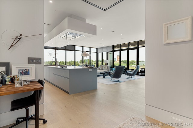 interior space with sink, expansive windows, and light hardwood / wood-style flooring