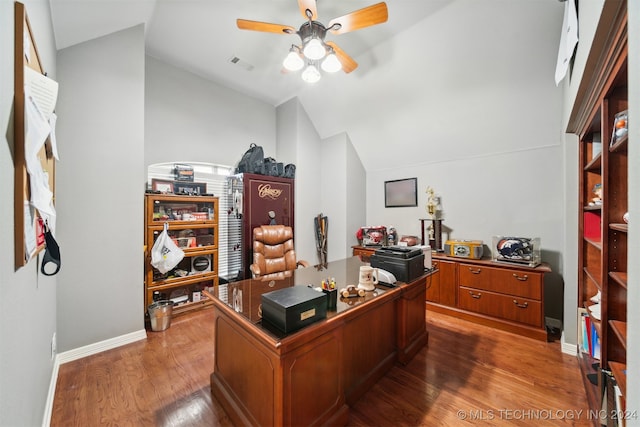 office featuring ceiling fan, lofted ceiling, and hardwood / wood-style floors