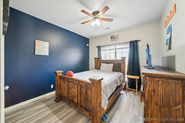 bedroom featuring ceiling fan and light hardwood / wood-style flooring