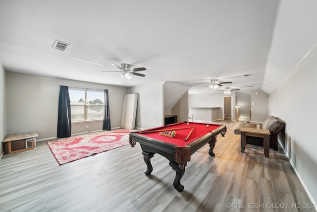 game room featuring wood-type flooring, vaulted ceiling, pool table, and ceiling fan