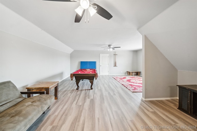 playroom featuring ceiling fan, light wood-type flooring, pool table, and lofted ceiling