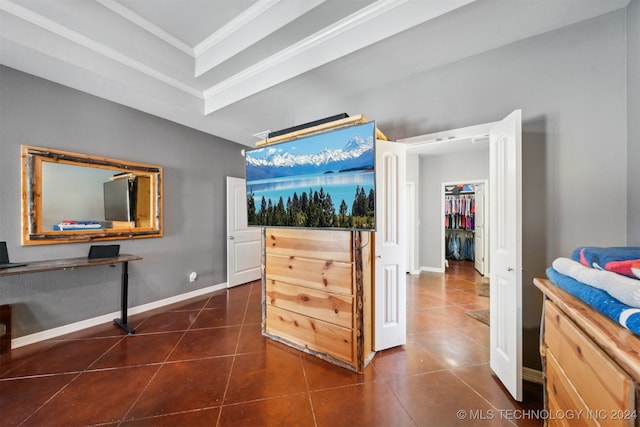 tiled bedroom with ornamental molding