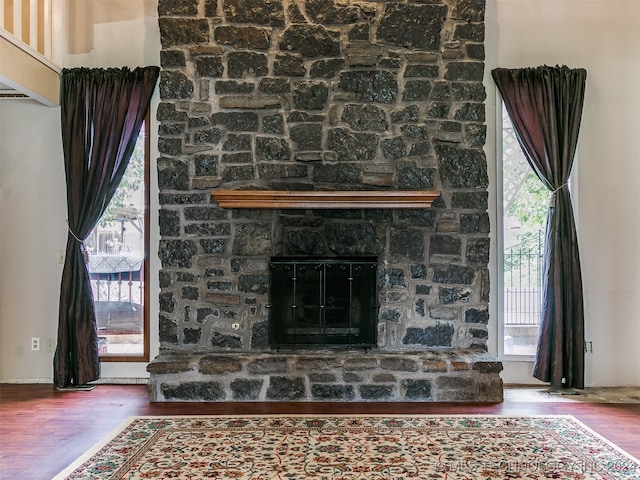 details with wood-type flooring and a stone fireplace