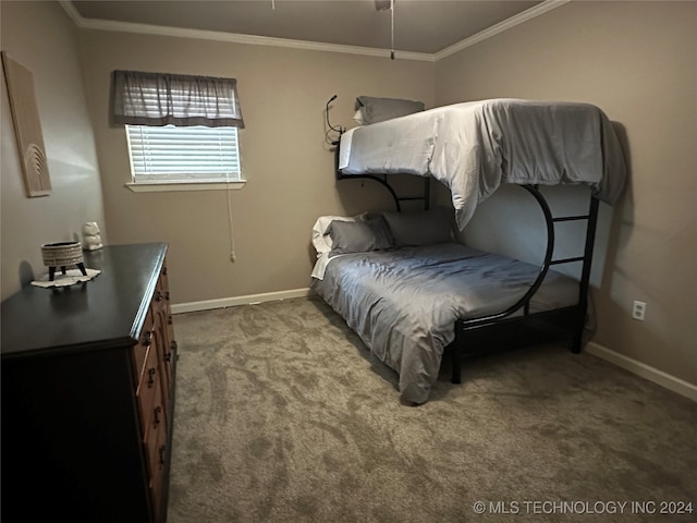 carpeted bedroom featuring ornamental molding