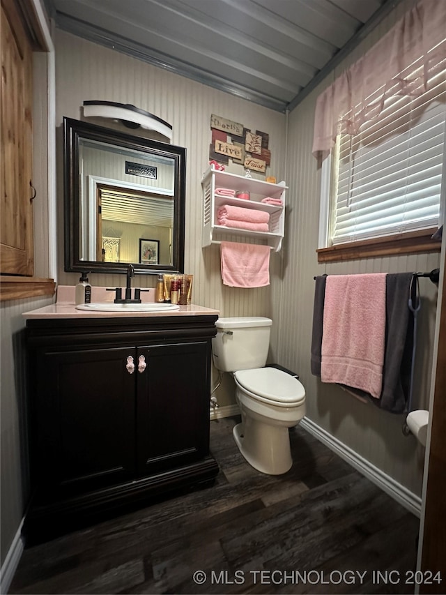 bathroom with hardwood / wood-style floors, vanity, and toilet