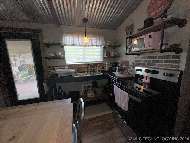 kitchen featuring stainless steel range with electric stovetop, hanging light fixtures, hardwood / wood-style floors, and sink