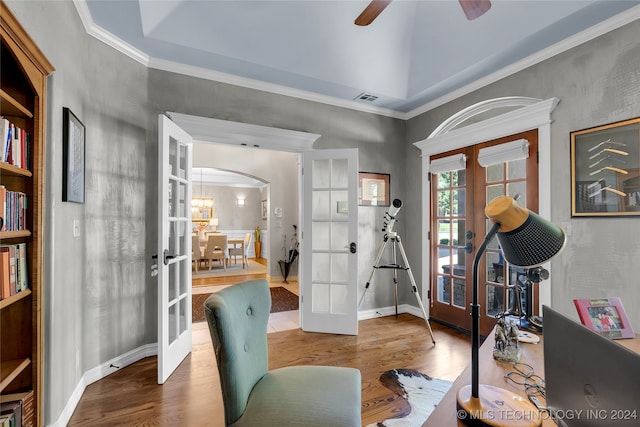 interior space with french doors, hardwood / wood-style floors, and ceiling fan