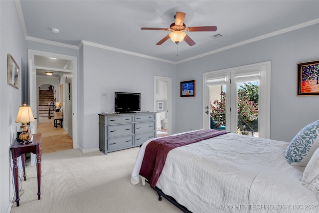 carpeted bedroom with access to outside, crown molding, and ceiling fan