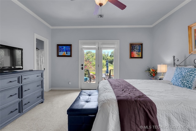 bedroom with access to outside, light colored carpet, crown molding, and ceiling fan