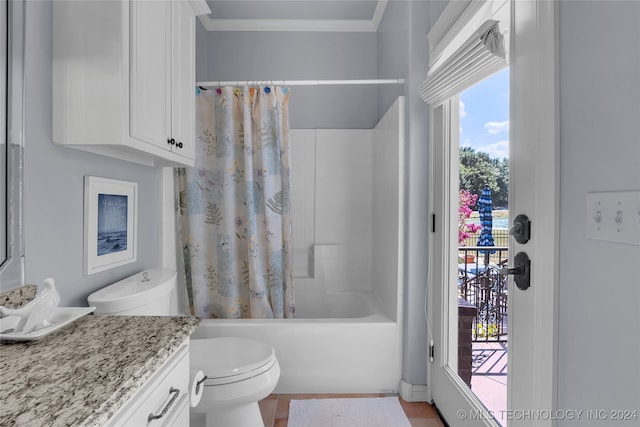 full bathroom featuring vanity, tile patterned flooring, ornamental molding, shower / tub combo, and toilet