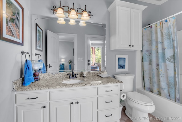 full bathroom with vanity, tile patterned flooring, shower / tub combo with curtain, ornamental molding, and toilet