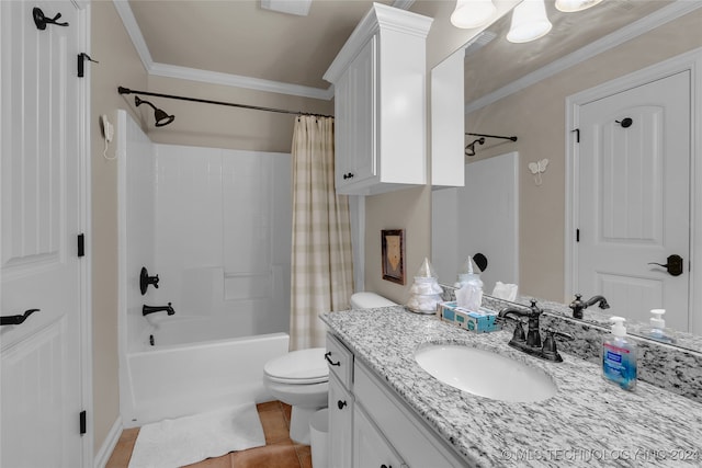 full bathroom featuring ornamental molding, tile patterned floors, shower / bath combo with shower curtain, vanity, and toilet