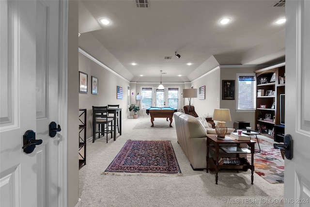 living room with light carpet, billiards, and crown molding