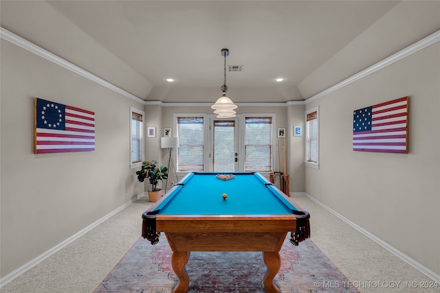 recreation room featuring ornamental molding, lofted ceiling, light carpet, and billiards