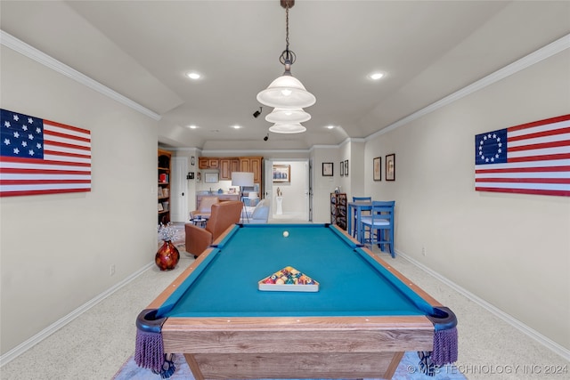 rec room featuring carpet floors, billiards, and crown molding