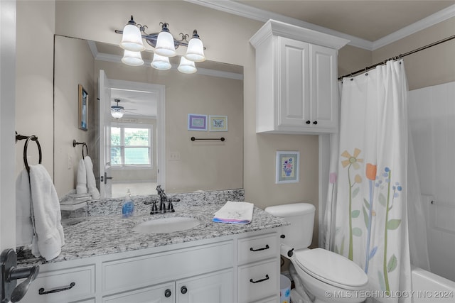 full bathroom with ornamental molding, shower / bath combo with shower curtain, ceiling fan, vanity, and toilet