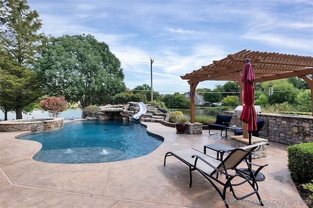 view of swimming pool featuring a patio, an in ground hot tub, a pergola, and pool water feature