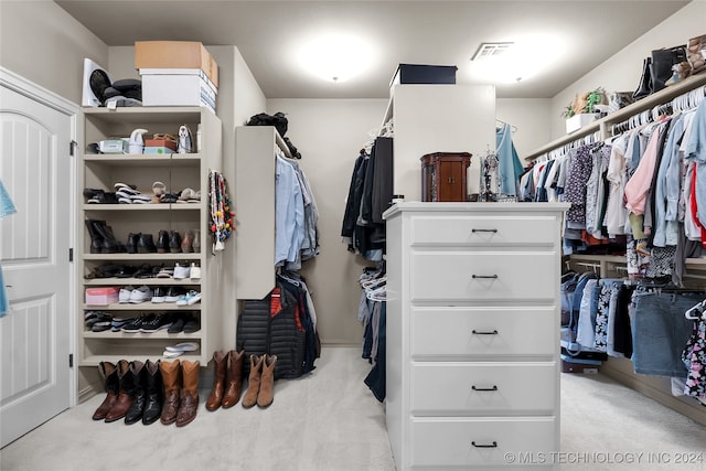 spacious closet featuring light carpet