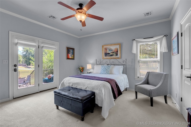 carpeted bedroom with ornamental molding, ceiling fan, and access to outside