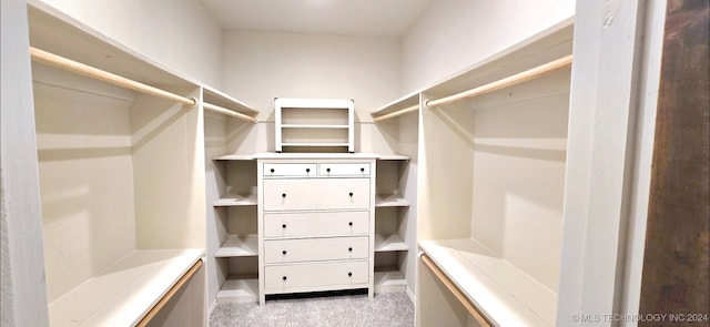 walk in closet featuring light carpet