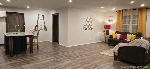 living room featuring dark wood-type flooring and sink