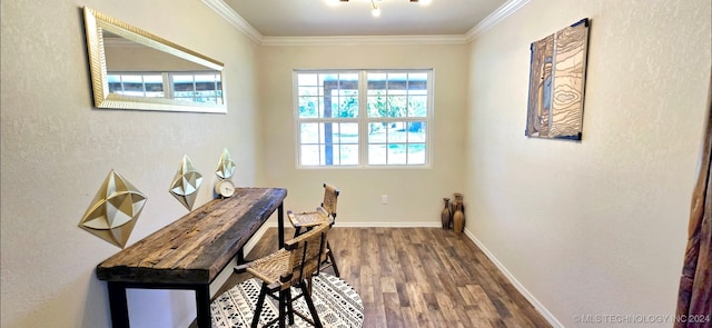 office space featuring ornamental molding and hardwood / wood-style flooring