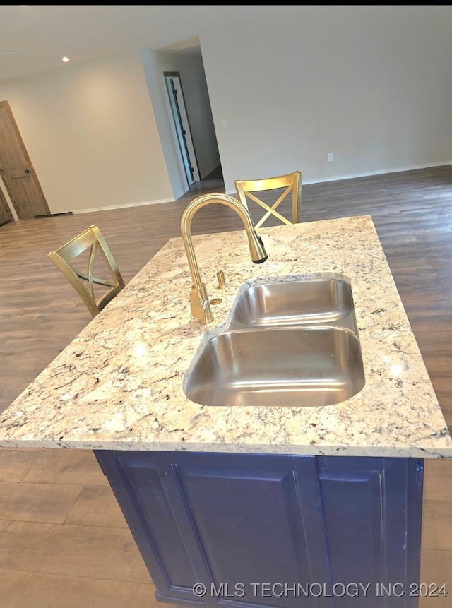 kitchen featuring light stone countertops, dark wood-type flooring, and sink