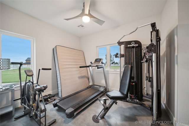 workout area featuring baseboards, visible vents, a wealth of natural light, and a ceiling fan