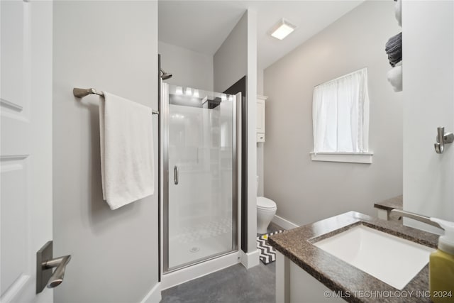 full bath with toilet, a shower stall, concrete flooring, and vanity