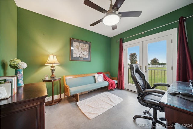 office with baseboards, a ceiling fan, and french doors