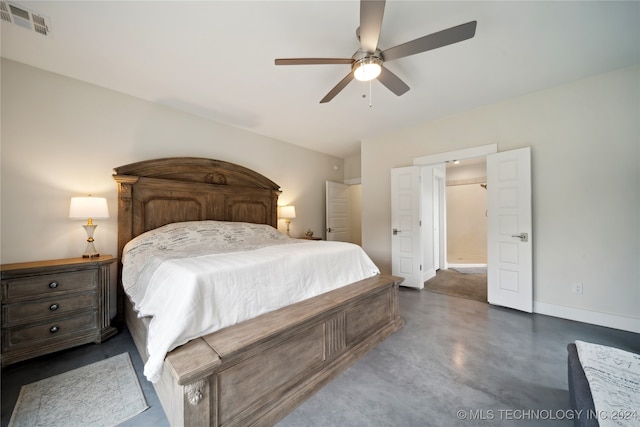 bedroom featuring visible vents, ceiling fan, finished concrete flooring, and baseboards