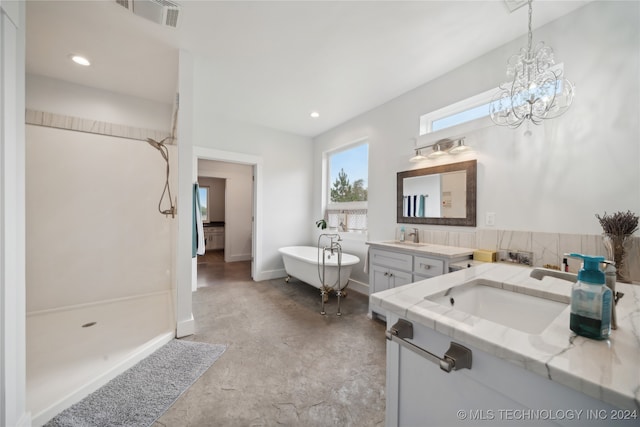 bathroom featuring visible vents, walk in shower, vanity, a freestanding tub, and concrete floors