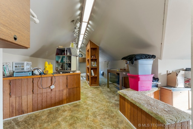 interior space with light carpet and lofted ceiling