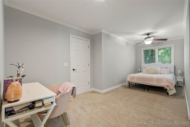 bedroom with ornamental molding, light colored carpet, and ceiling fan