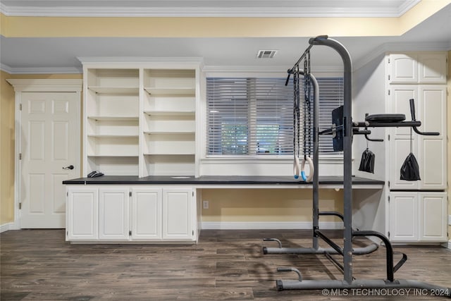 exercise room featuring dark hardwood / wood-style flooring, a raised ceiling, and crown molding