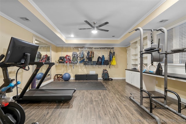 exercise area featuring dark wood-type flooring, ceiling fan, crown molding, and a tray ceiling