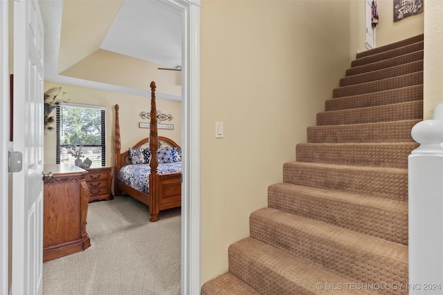 stairway featuring carpet floors and a raised ceiling