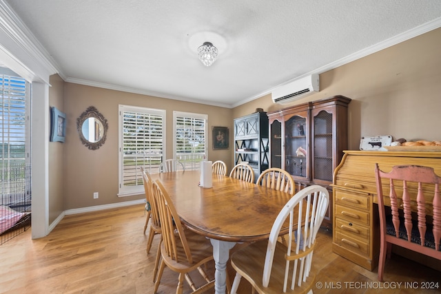 dining room with crown molding, a wall mounted AC, a textured ceiling, and light hardwood / wood-style flooring