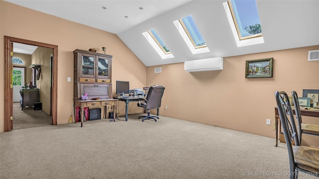 carpeted home office featuring a wall unit AC and lofted ceiling with skylight