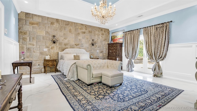 bedroom featuring an inviting chandelier, tile walls, access to exterior, and crown molding