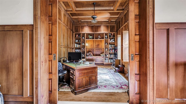 office featuring wood ceiling, coffered ceiling, light hardwood / wood-style flooring, wooden walls, and ornamental molding