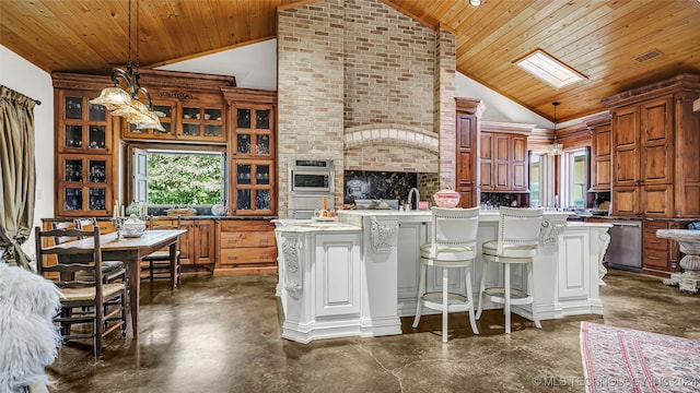 kitchen with pendant lighting, a center island with sink, high vaulted ceiling, dishwasher, and wooden ceiling